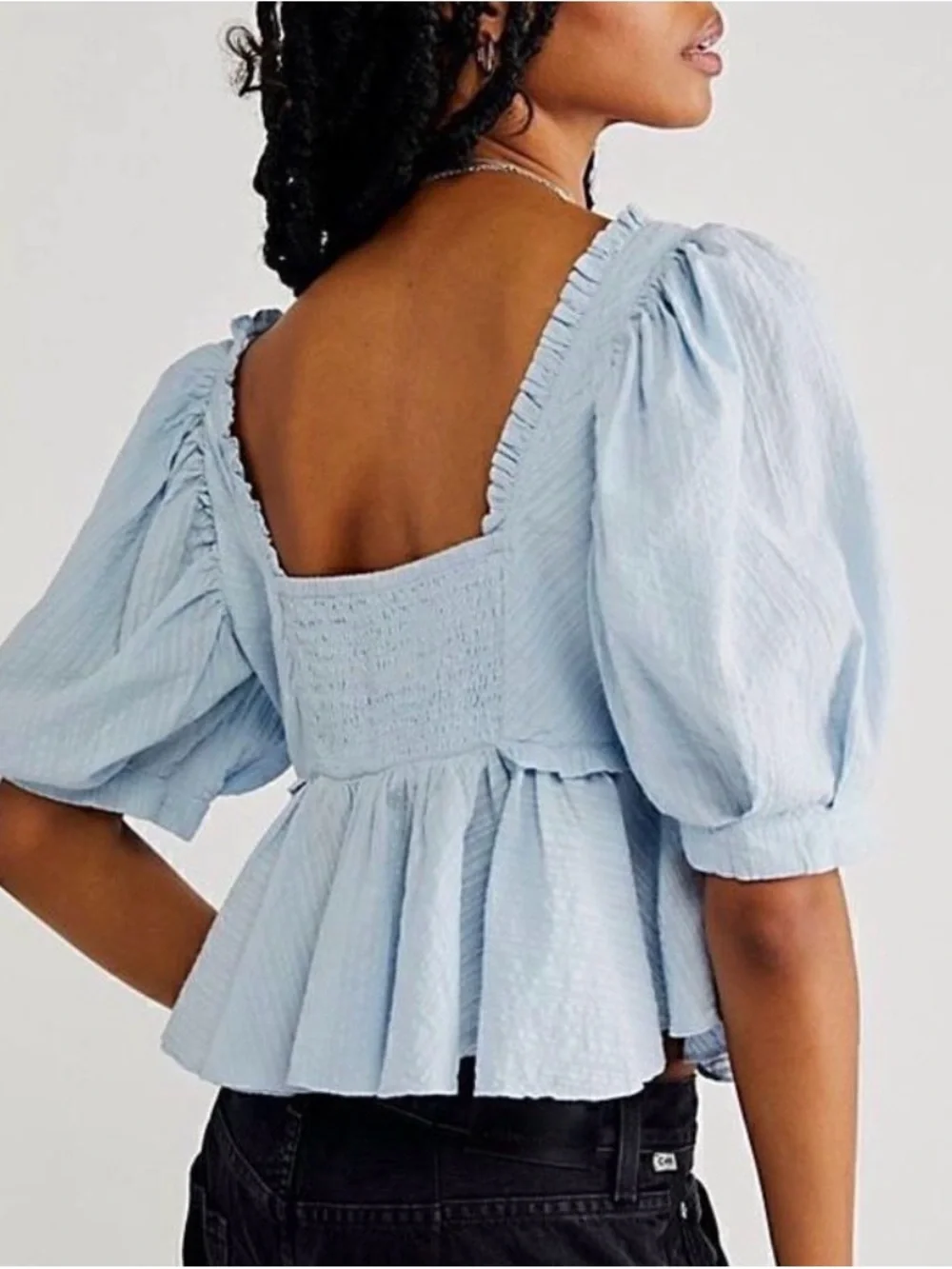 #360 FREE PEOPLE Leave It To Me Pale Blue Square-Neck Peplum Puff Sleeve NWT L